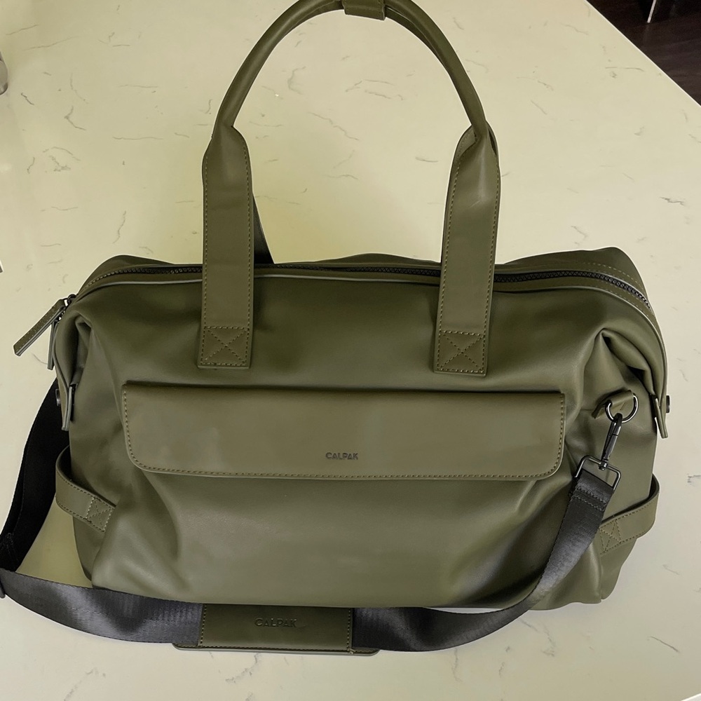 Calpak Olive Green Duffel Weekender Bag with Black Strap